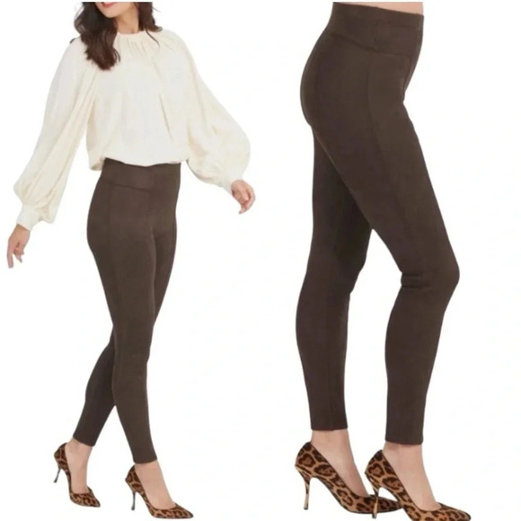 Spanx Faux Suede Leggings in Chocolate Brown Size Medium Petite - Picture 1 of 12